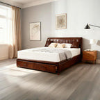 Queen Memory Foam Mattress - Green Tea | 10-Inch, No Fiberglass shown on a leather bed frame in a modern bedroom with wood flooring.