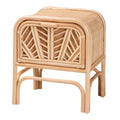 Boho-style natural rattan nightstand with curved frame, woven top, and cabinet door with geometric inlay detail.
