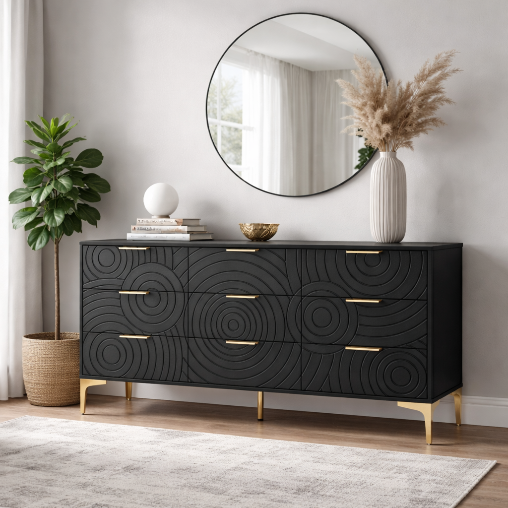 9-Drawer Black Wooden Dresser with Metal Handles, 63-Inch Wide