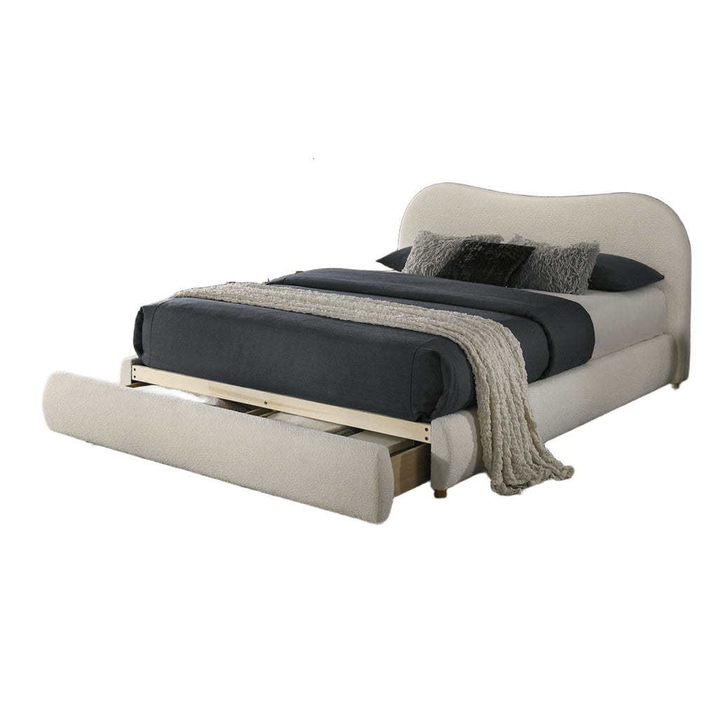 Side angle of King Size Velvet Bed with storage drawer extended, showing plush upholstery and modern bedroom appeal.