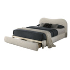 Side angle of King Size Velvet Bed with storage drawer extended, showing plush upholstery and modern bedroom appeal.