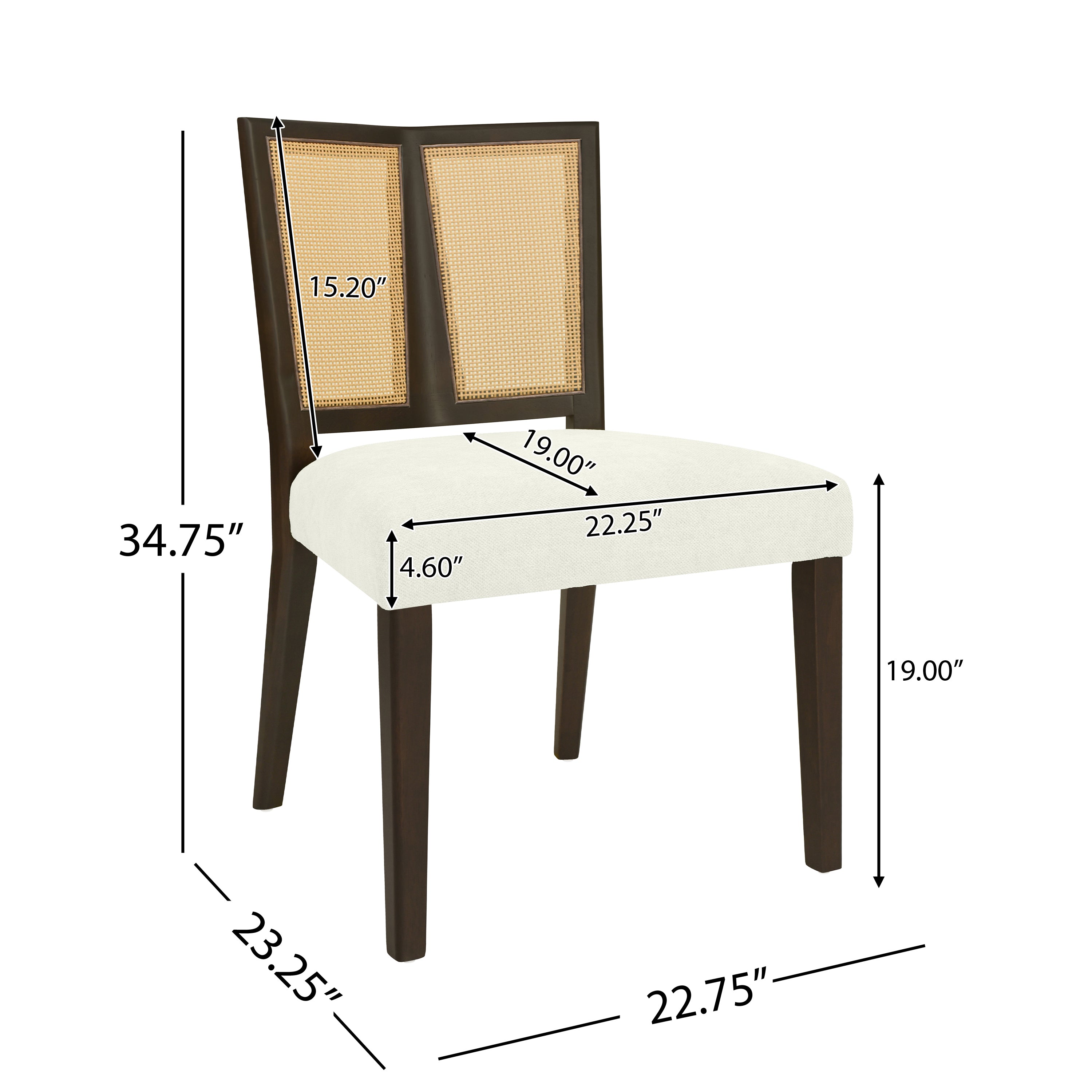 Rattan Dining Chair dimensions with labeled measurements, featuring cushioned seat and cane backrest for stylish and ergonomic dining seating.