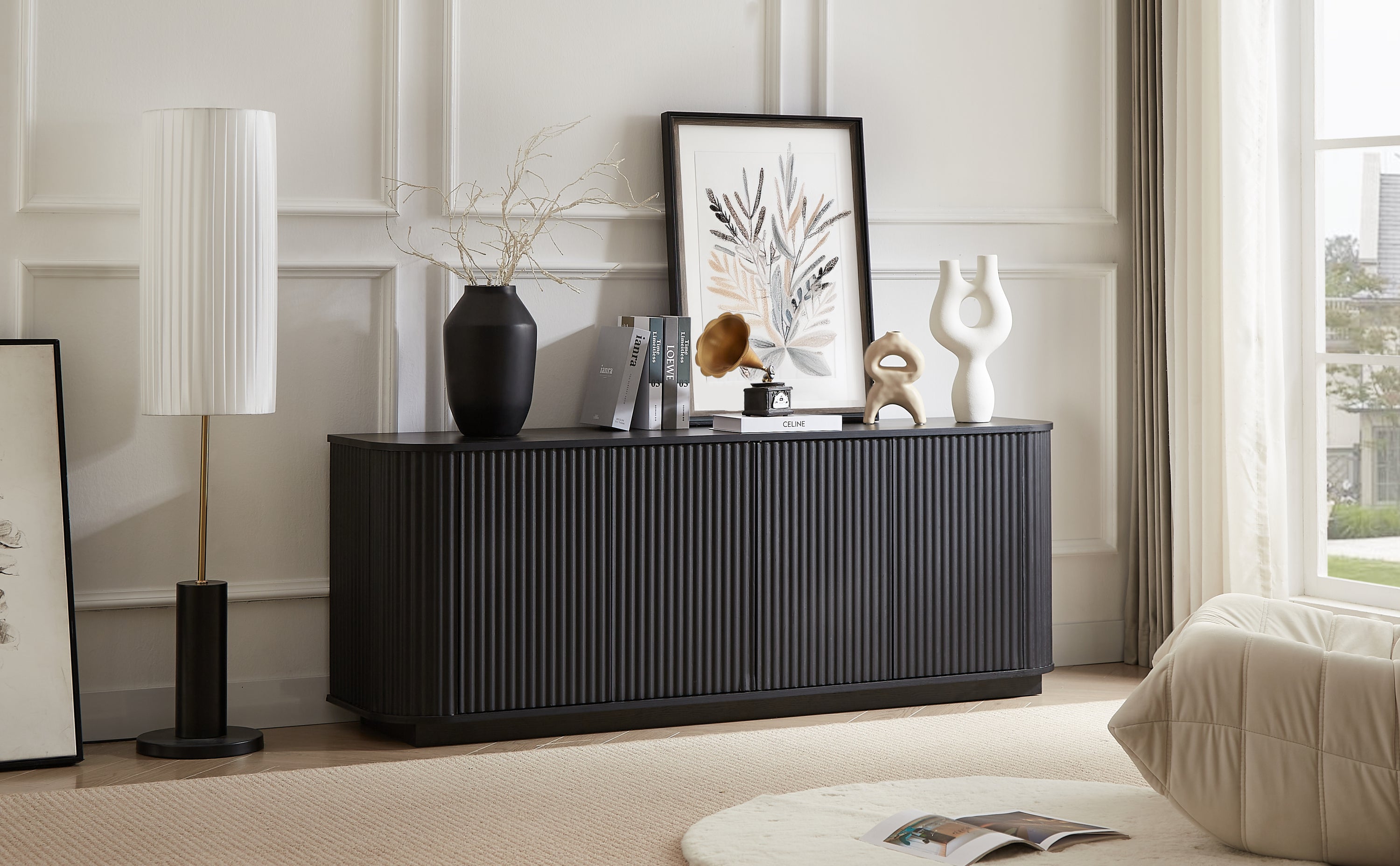 Modern Wooden Sideboard TV Stand with wave pattern in black MDF, styled with minimalist decor in a bright living room.