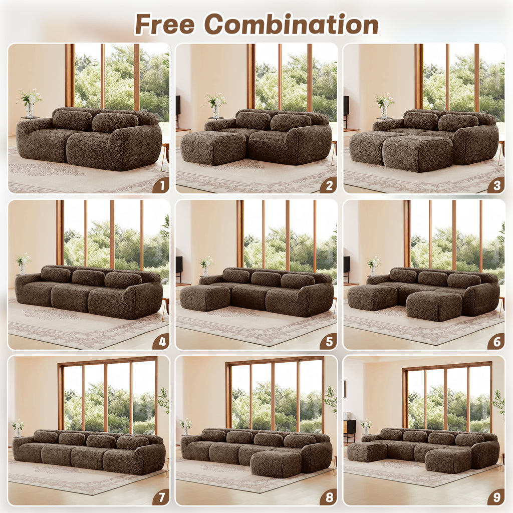 Nine modular layout options for the plush 2-seater sectional sofa, showcasing its versatile and customizable design.