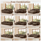 Nine layout options of plush chocolate L-shaped modular sofa demonstrating free combination for customizable seating.