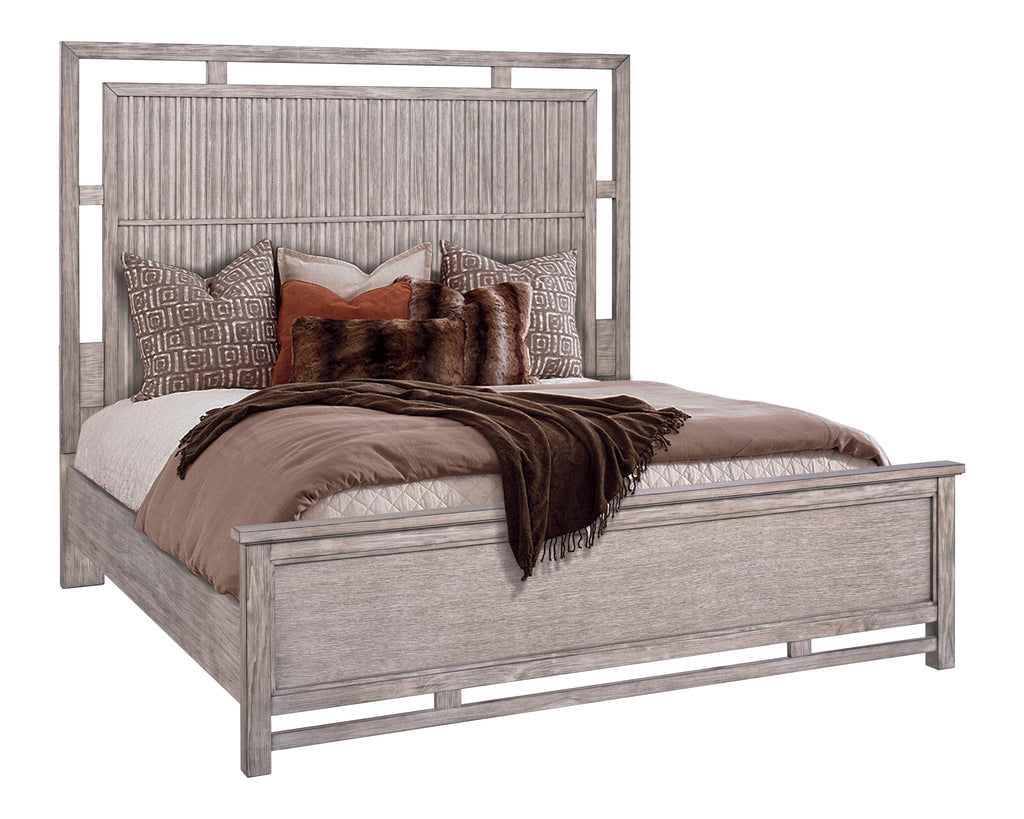 Angled view of Queen Size Panel Bed in Dawn Finish featuring USB ports and vertical slat headboard, minimal assembly required.