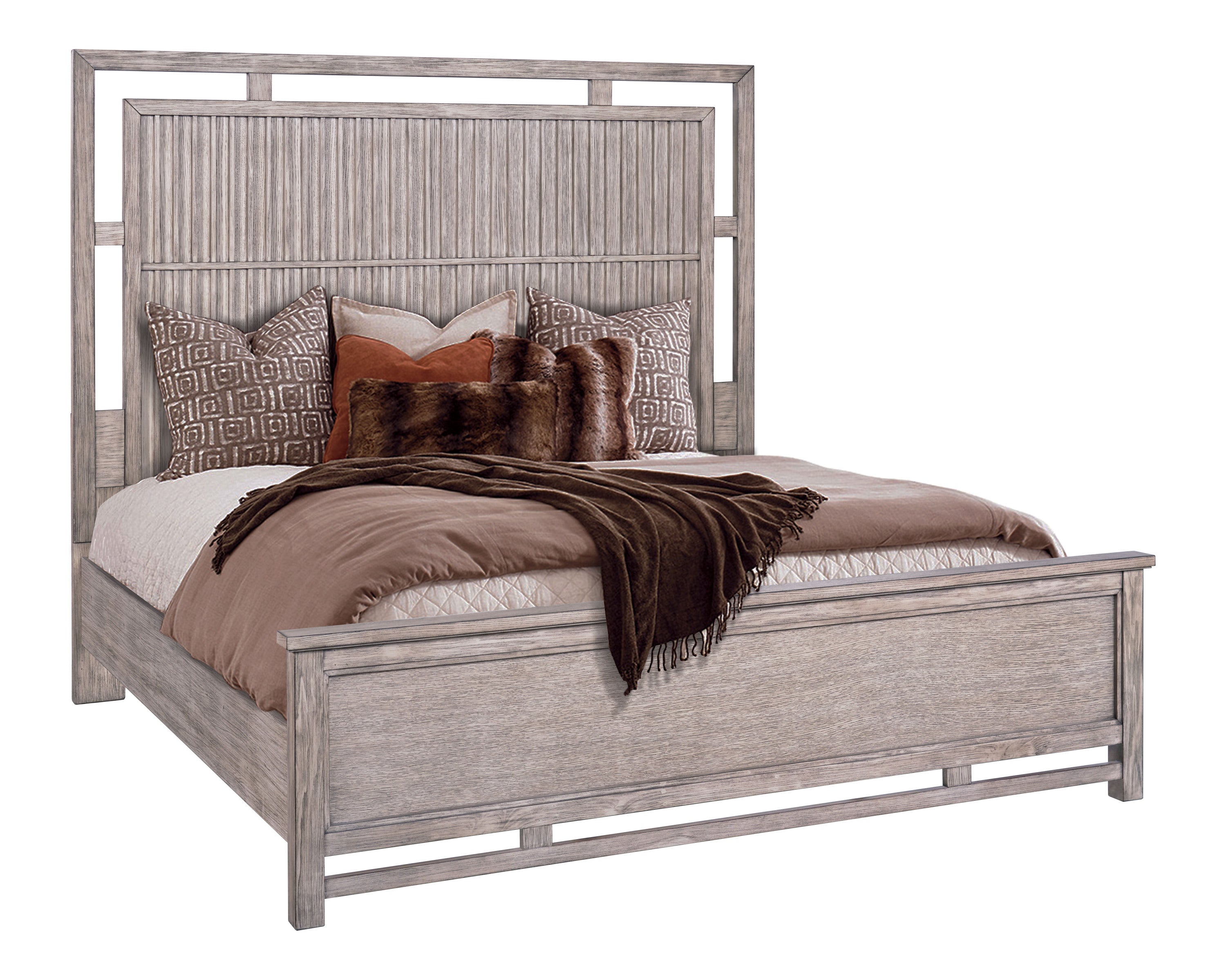 Angled view of Queen Size Panel Bed in Dawn Finish featuring USB ports and vertical slat headboard, minimal assembly required.