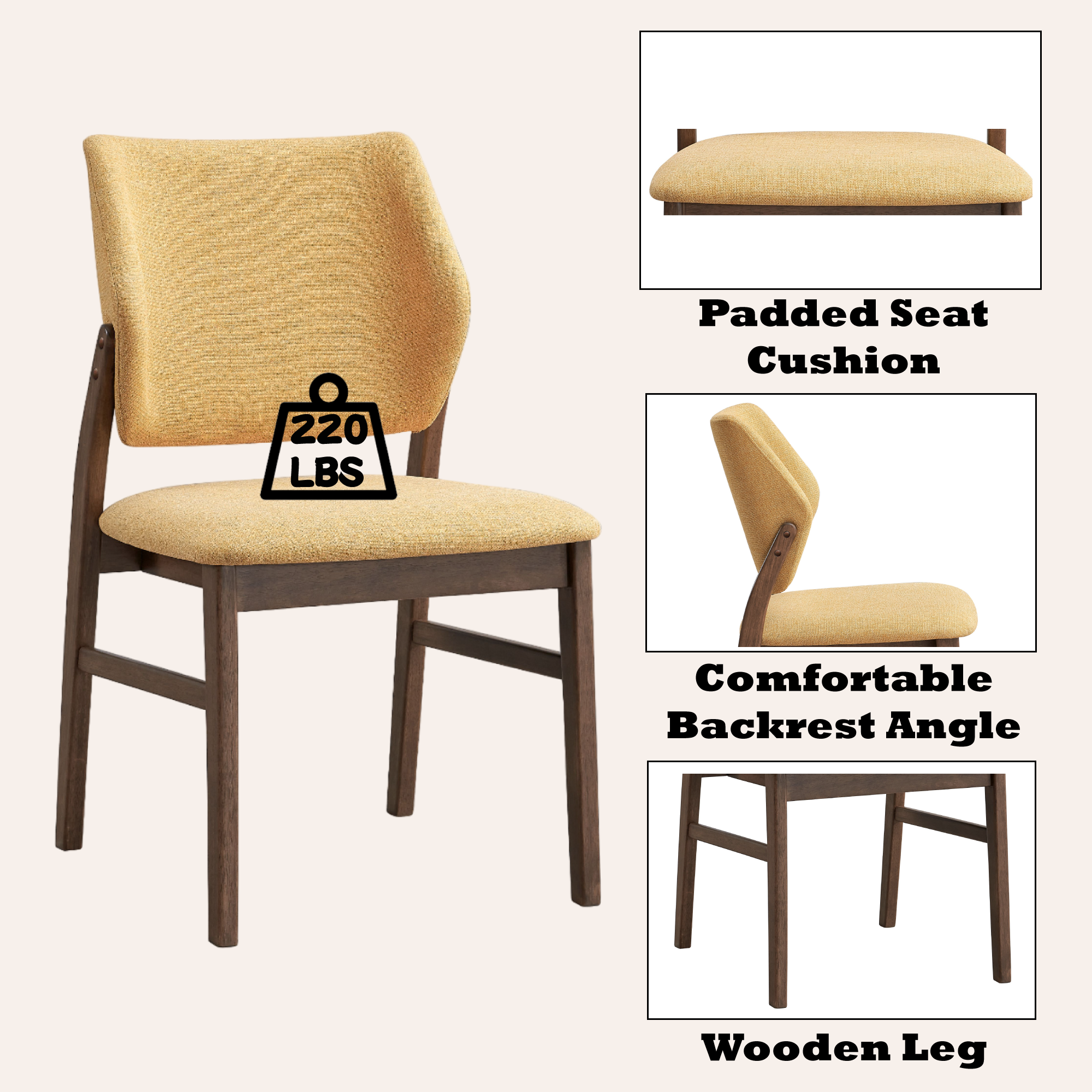 Sarha Dining Set chair features padded seat, angled backrest, and sturdy wooden legs with 220 lbs capacity.
