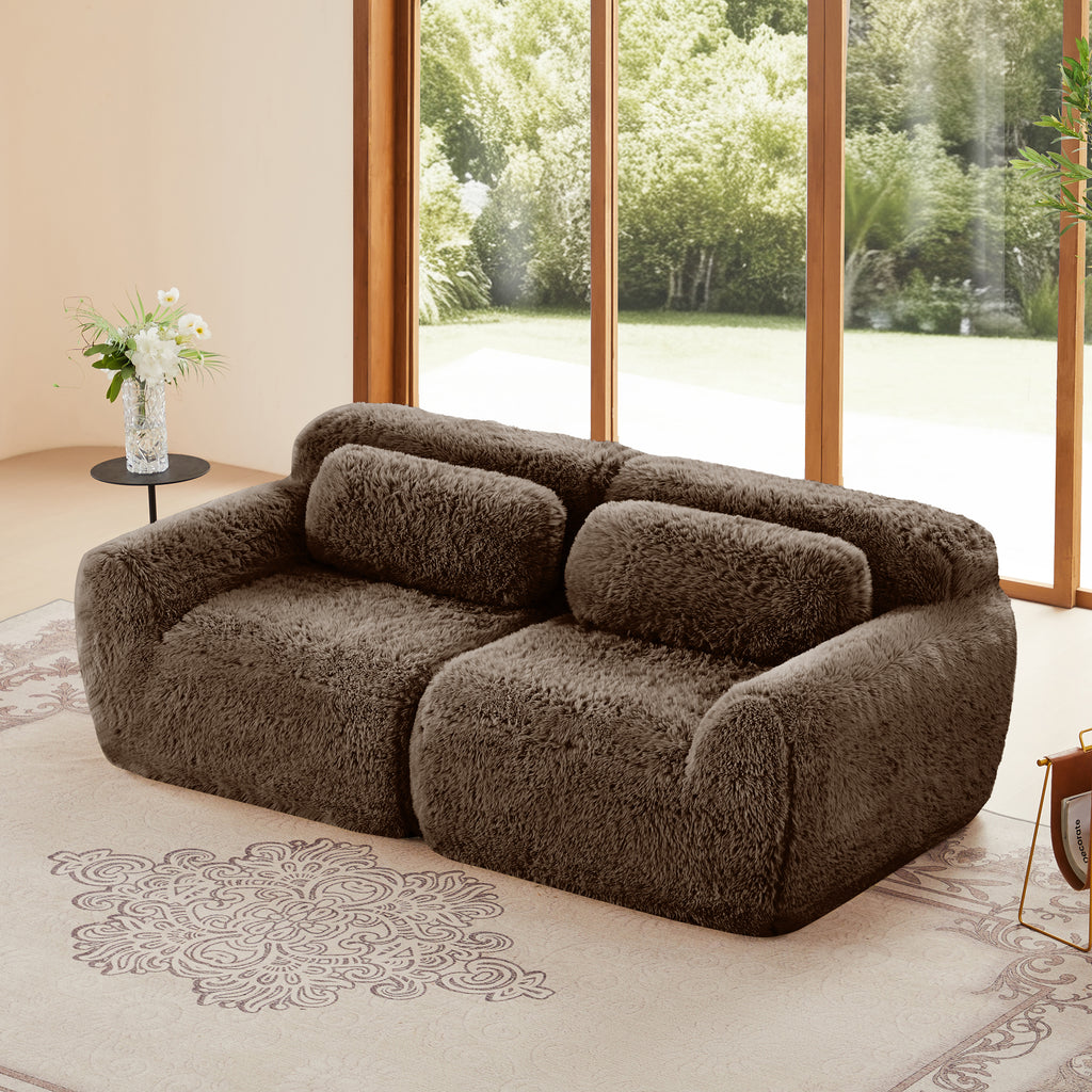 2-seater modular sectional sofa in plush brown fabric with ergonomic design and no-leg base, perfect for modern living rooms.