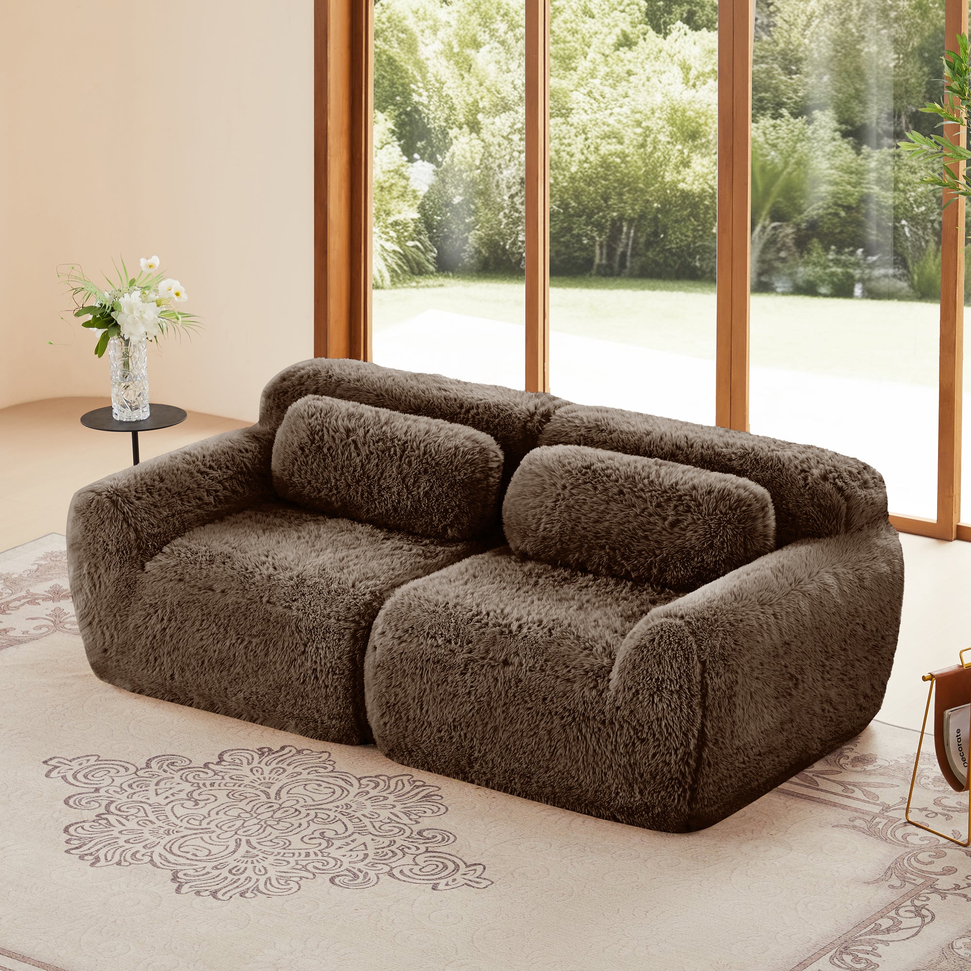 2-seater modular sectional sofa in plush brown fabric with ergonomic design and no-leg base, perfect for modern living rooms.