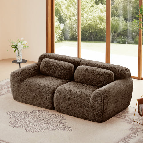 2-seater modular sectional sofa in plush brown fabric with ergonomic design and no-leg base, perfect for modern living rooms.