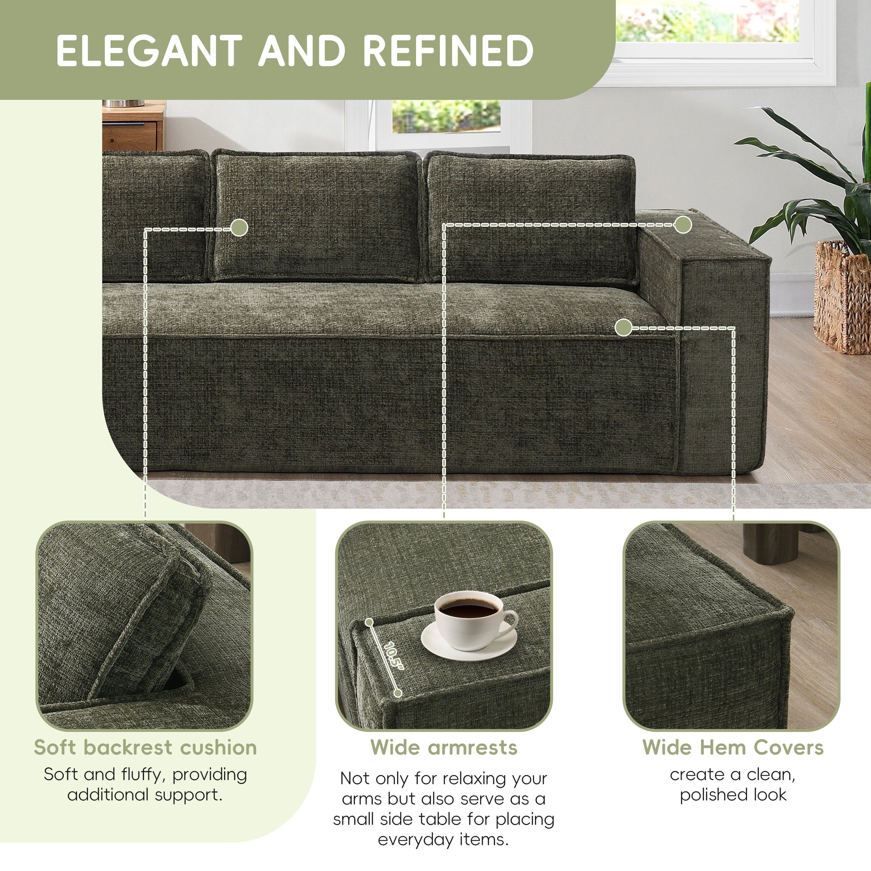 Elegant chenille sectional sofa with soft backrest cushions, wide armrests, and hem covers for a clean, refined look.