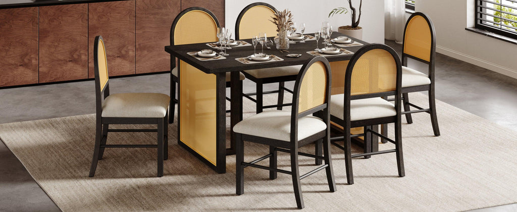 TREXM 7-Piece Farmhouse Dining Table Set for 6 - 59.8' Rectangular Dining Table with Distressed Oak Veneer and 6 Rattan Chairs, Rustic Kitchen Furniture for Dining Room(Espresso)