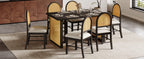 TREXM 7-Piece Farmhouse Dining Table Set for 6 - 59.8' Rectangular Dining Table with Distressed Oak Veneer and 6 Rattan Chairs, Rustic Kitchen Furniture for Dining Room(Espresso)