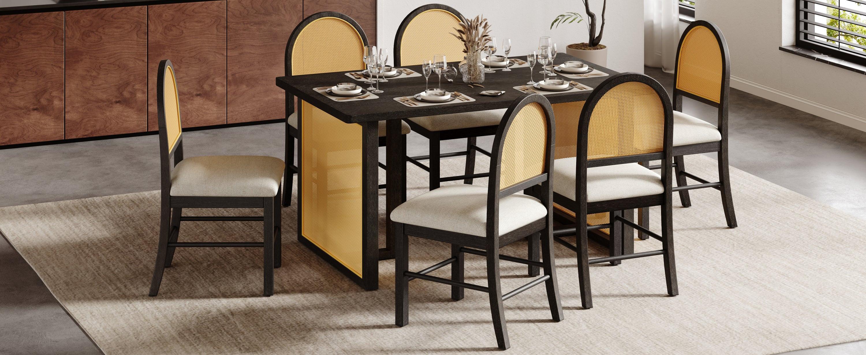 TREXM 7-Piece Farmhouse Dining Table Set for 6 - 59.8' Rectangular Dining Table with Distressed Oak Veneer and 6 Rattan Chairs, Rustic Kitchen Furniture for Dining Room(Espresso)