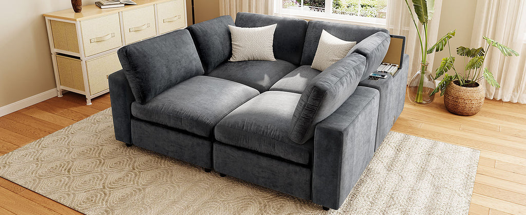 Square configuration of modular sofa with built-in charging and storage, perfect for compact, multifunctional spaces.