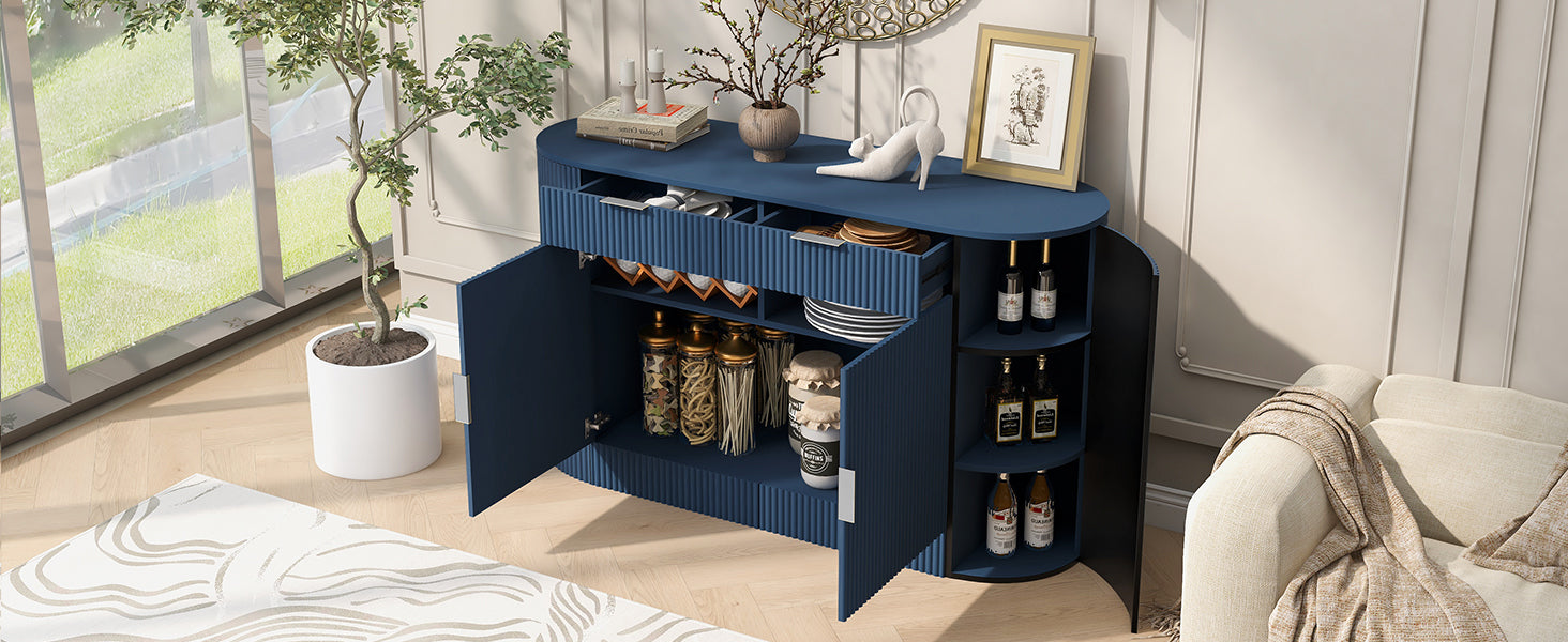Open view of modern MDF storage cabinet with curved doors and shelves, displaying organized jars and decorative items in a living room.