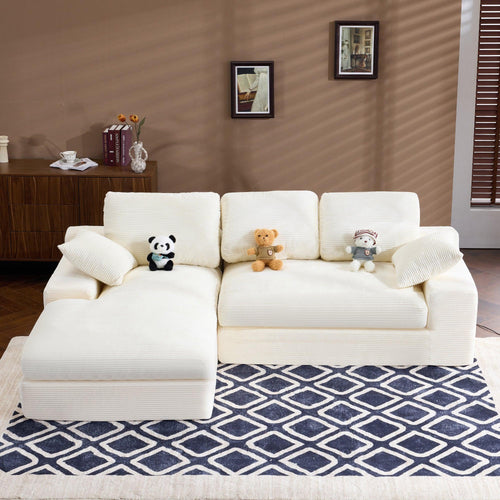 White Corduroy Sofa with Cushions & Pillows.