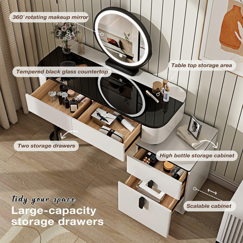 Modern Vanity Table with Glass Top and Storage Cabinet.