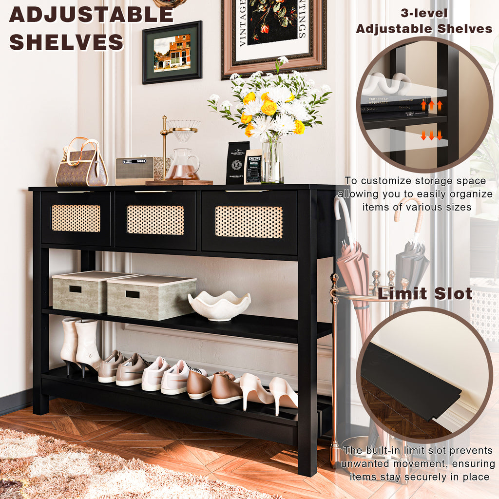 Adjustable shelves on 43.3' farmhouse console table allow for customizable storage of shoes, boxes, and decor in entryways or offices.