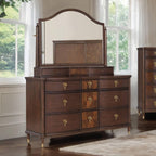 Transitional Dresser with Gold Capped Legs in Dark Cherry.