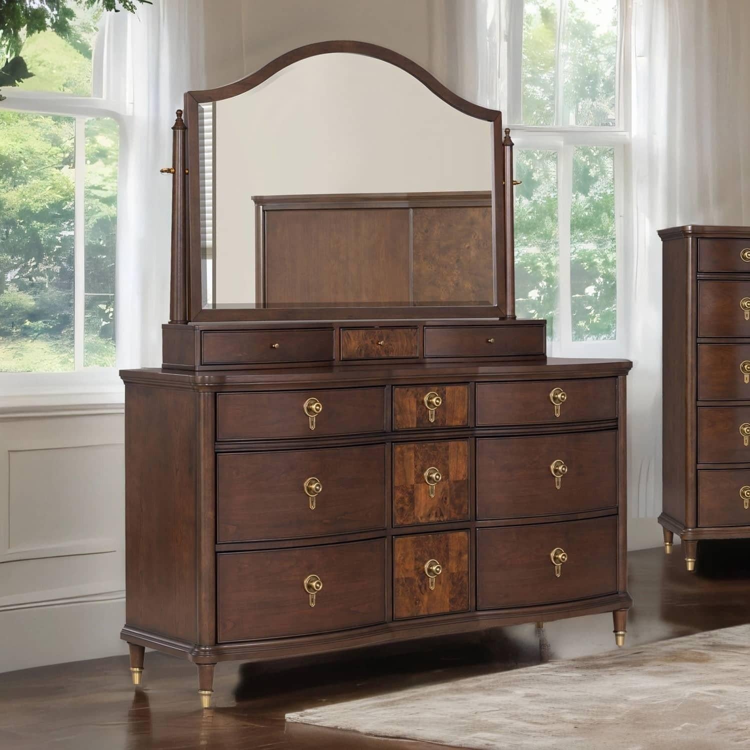 Transitional Dresser with Gold Capped Legs in Dark Cherry.