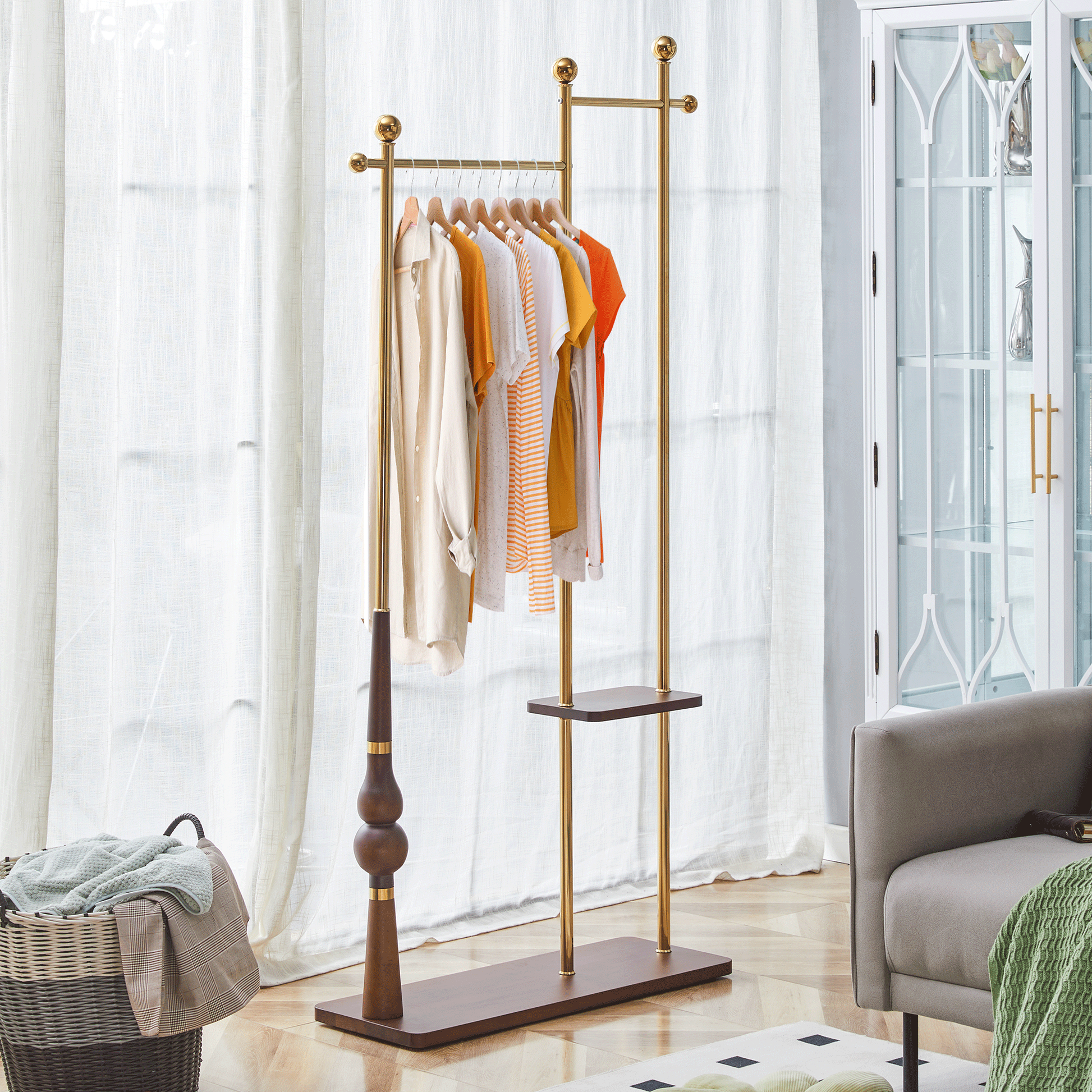 70' Tall Industrial Coat Rack for Entryway, Solid Wood & Stainless Steel Clothing Rack, Double Layer Hanger for Coats, Hats, Bags, Scarves, Shoes Storage, Vintage Wood Grain & Metal, Heavy Duty - Groovy Boardz