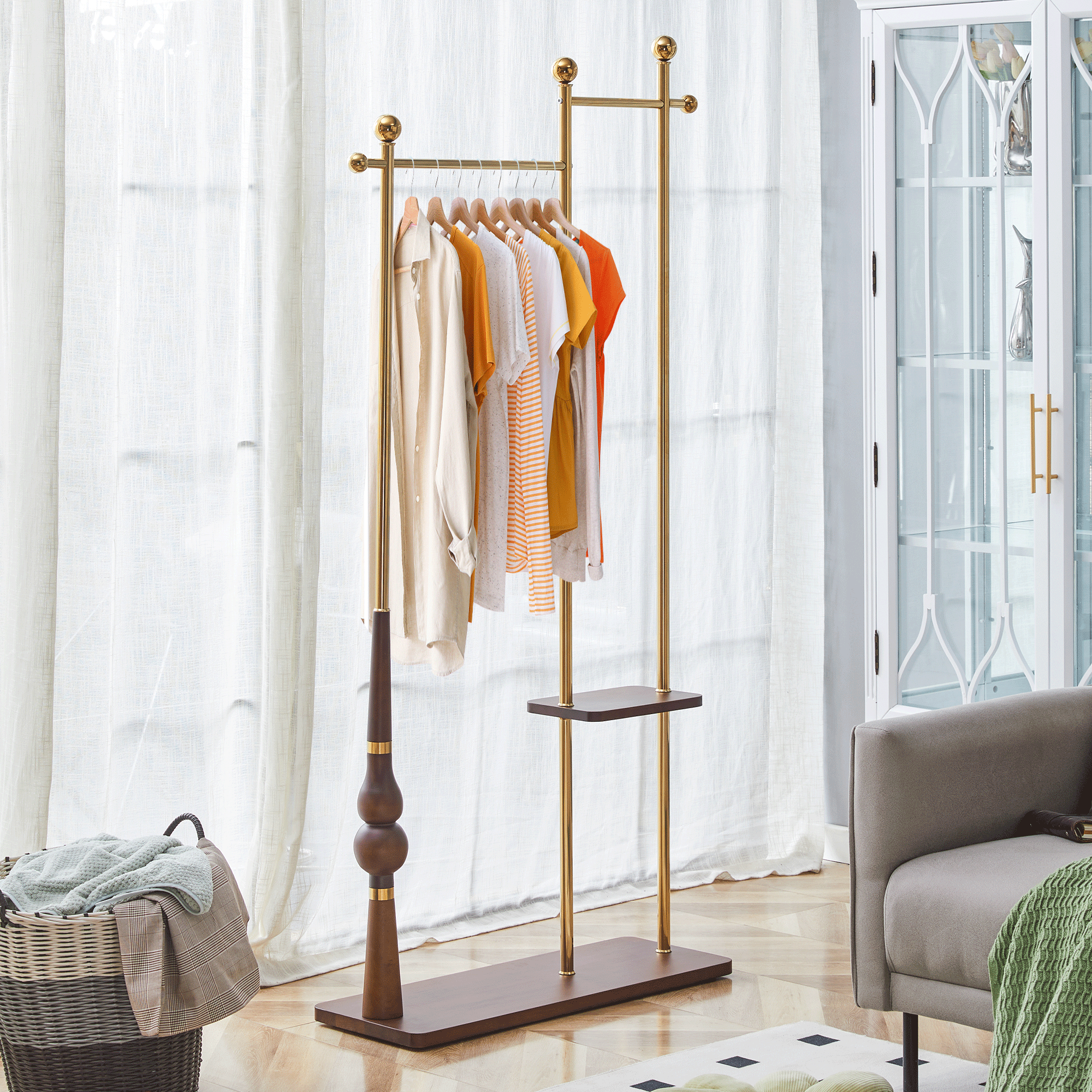 70' Tall Industrial Coat Rack for Entryway, Solid Wood & Stainless Steel Clothing Rack, Double Layer Hanger for Coats, Hats, Bags, Scarves, Shoes Storage, Vintage Wood Grain & Metal, Heavy Duty - Groovy Boardz