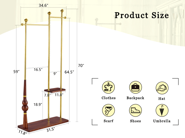 70' Tall Industrial Coat Rack for Entryway, Solid Wood & Stainless Steel Clothing Rack, Double Layer Hanger for Coats, Hats, Bags, Scarves, Shoes Storage, Vintage Wood Grain & Metal, Heavy Duty - Groovy Boardz