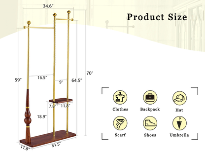70' Tall Industrial Coat Rack for Entryway, Solid Wood & Stainless Steel Clothing Rack, Double Layer Hanger for Coats, Hats, Bags, Scarves, Shoes Storage, Vintage Wood Grain & Metal, Heavy Duty - Groovy Boardz