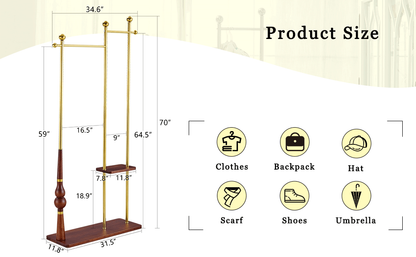 70' Tall Industrial Coat Rack for Entryway, Solid Wood & Stainless Steel Clothing Rack, Double Layer Hanger for Coats, Hats, Bags, Scarves, Shoes Storage, Vintage Wood Grain & Metal, Heavy Duty - Groovy Boardz