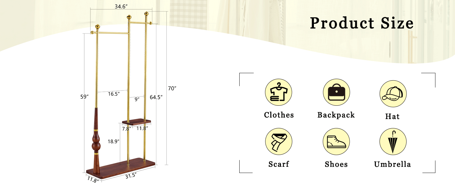 70' Tall Industrial Coat Rack for Entryway, Solid Wood & Stainless Steel Clothing Rack, Double Layer Hanger for Coats, Hats, Bags, Scarves, Shoes Storage, Vintage Wood Grain & Metal, Heavy Duty - Groovy Boardz