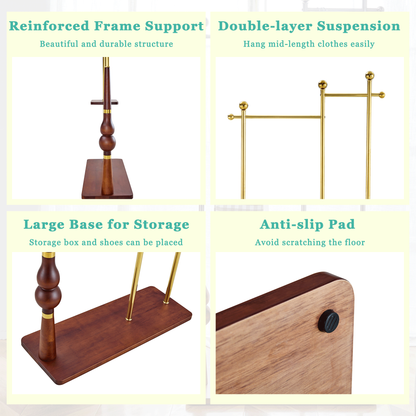 70' Tall Industrial Coat Rack for Entryway, Solid Wood & Stainless Steel Clothing Rack, Double Layer Hanger for Coats, Hats, Bags, Scarves, Shoes Storage, Vintage Wood Grain & Metal, Heavy Duty - Groovy Boardz