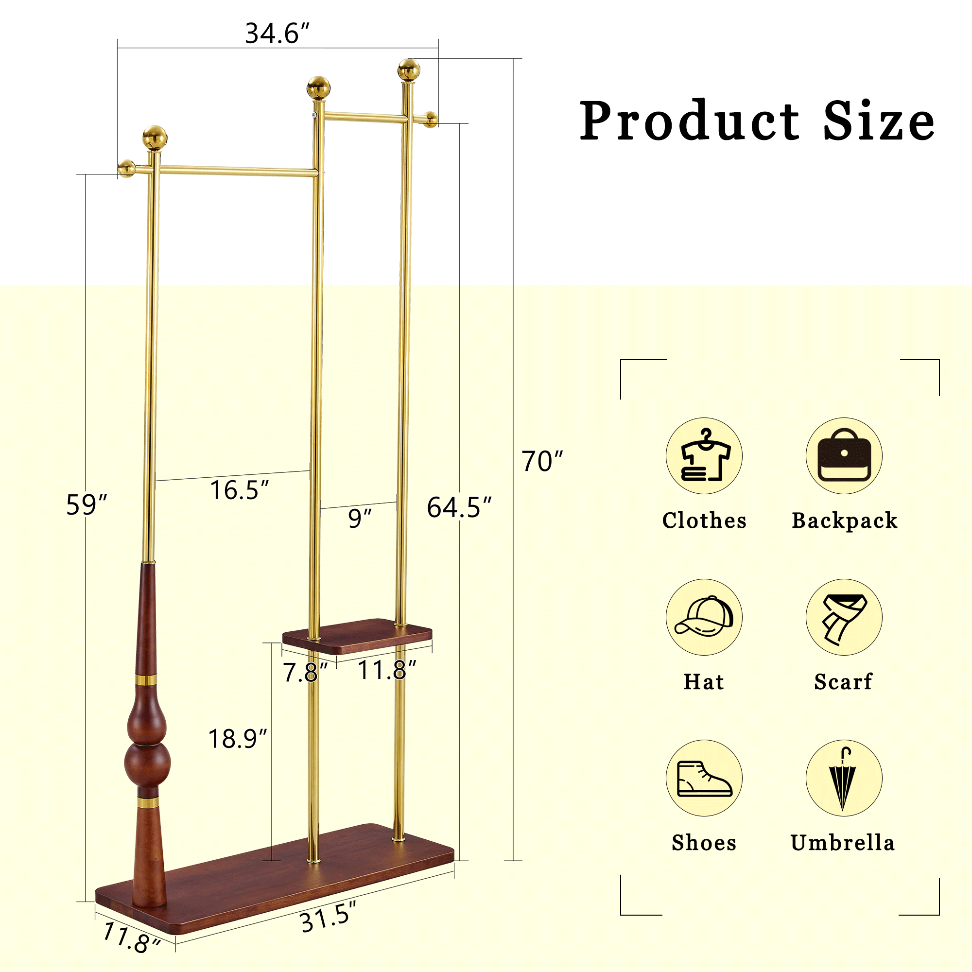 70' Tall Industrial Coat Rack for Entryway, Solid Wood & Stainless Steel Clothing Rack, Double Layer Hanger for Coats, Hats, Bags, Scarves, Shoes Storage, Vintage Wood Grain & Metal, Heavy Duty - Groovy Boardz