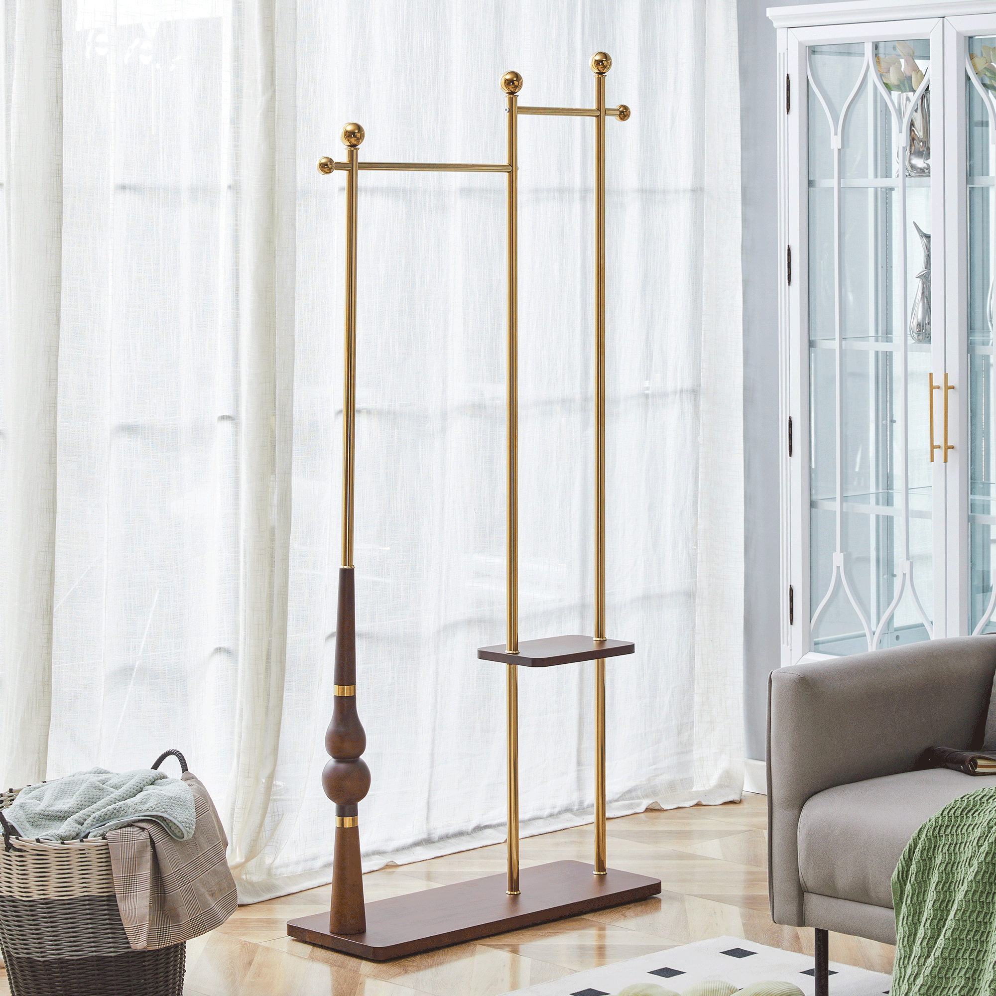 70' Tall Industrial Coat Rack for Entryway, Solid Wood & Stainless Steel Clothing Rack, Double Layer Hanger for Coats, Hats, Bags, Scarves, Shoes Storage, Vintage Wood Grain & Metal, Heavy Duty - Groovy Boardz