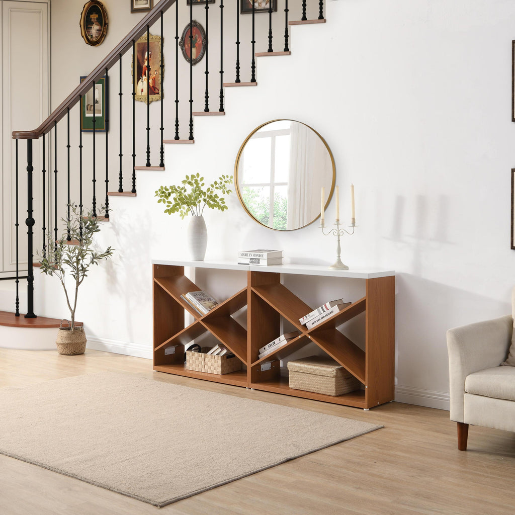 70.87 inch Farmhouse Console Table, X Shape Detachable ExtraLong Table with Storage for Entryway, Living Room, Foyer, Hallway, white