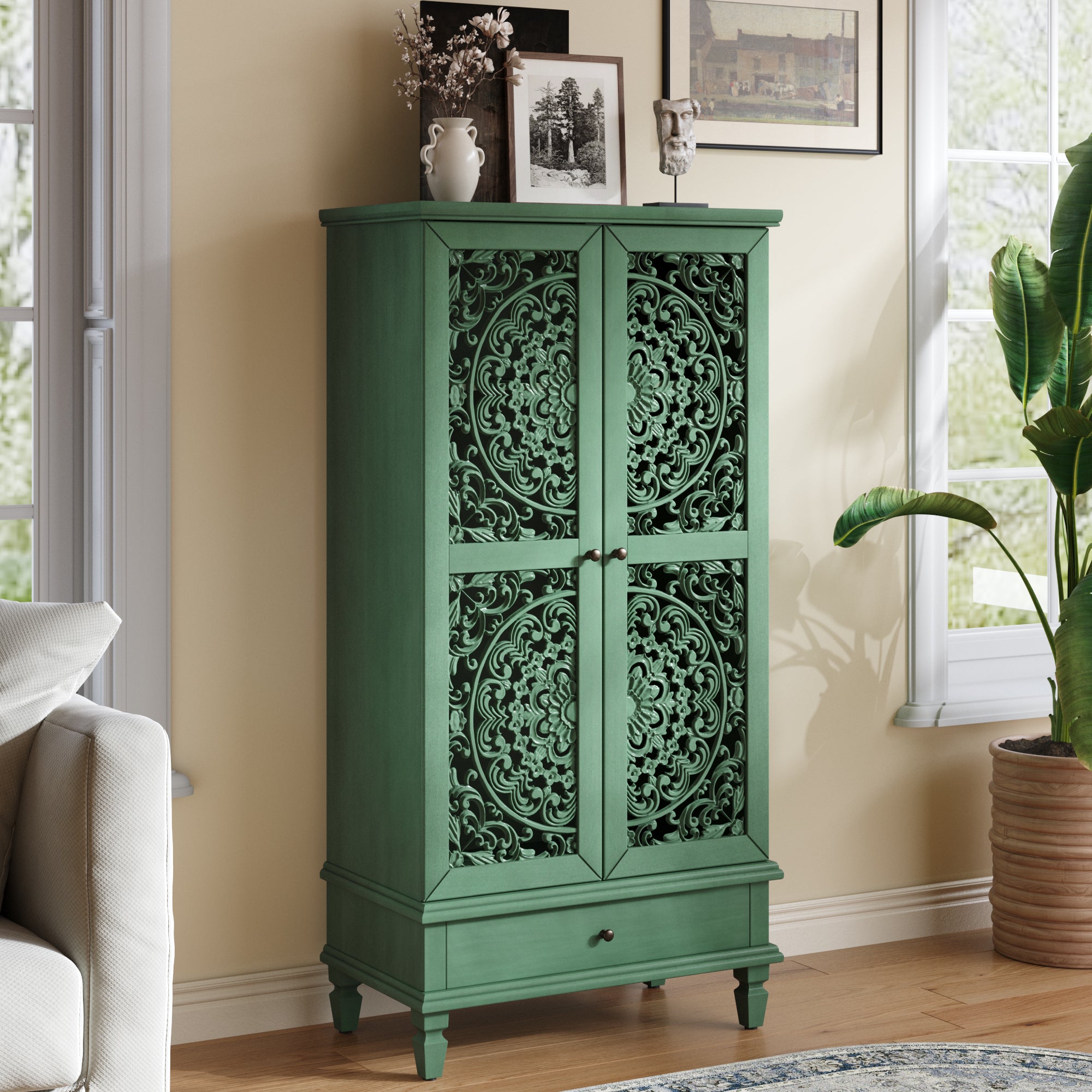 Side view of Antique Green Storage Cabinet - 55'' Tall w/ Drawer highlighting its elegant carved doors and solid wood structure.