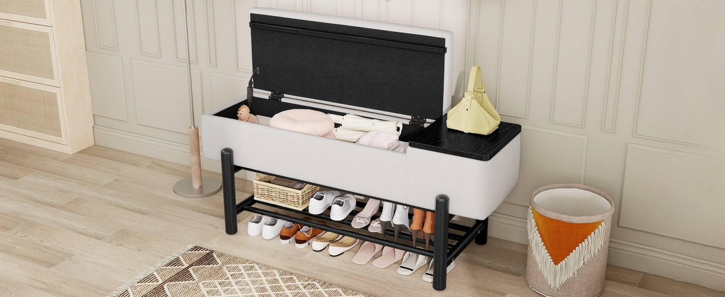 TREXM Farmhouse Upholstered Storage Bench with Hidden Compartment, Modern Entryway Bench for Living Room, Entryway, and Hallways (Black)