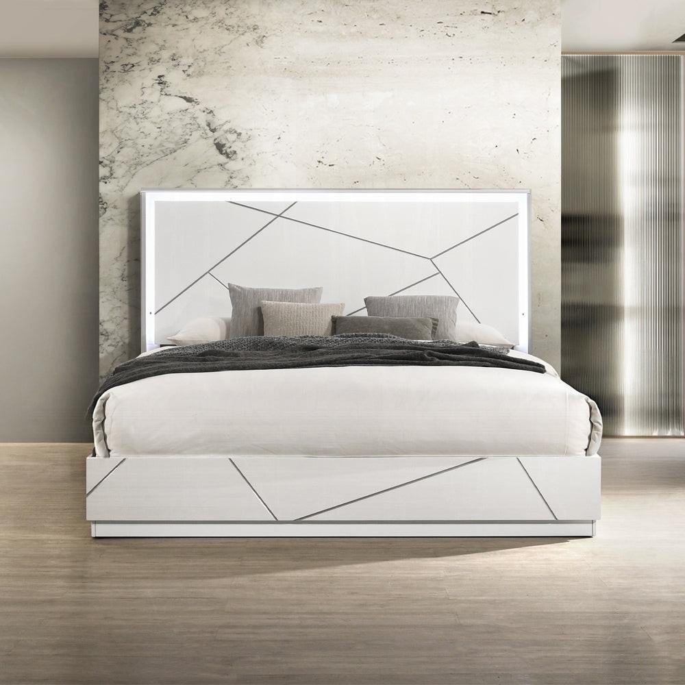 Modern White LED Queen Bed - Contemporary Design.