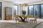 Modern dining room with eucalyptus display cabinet featuring glass doors and mirrored back, paired with wood dining set and city view.