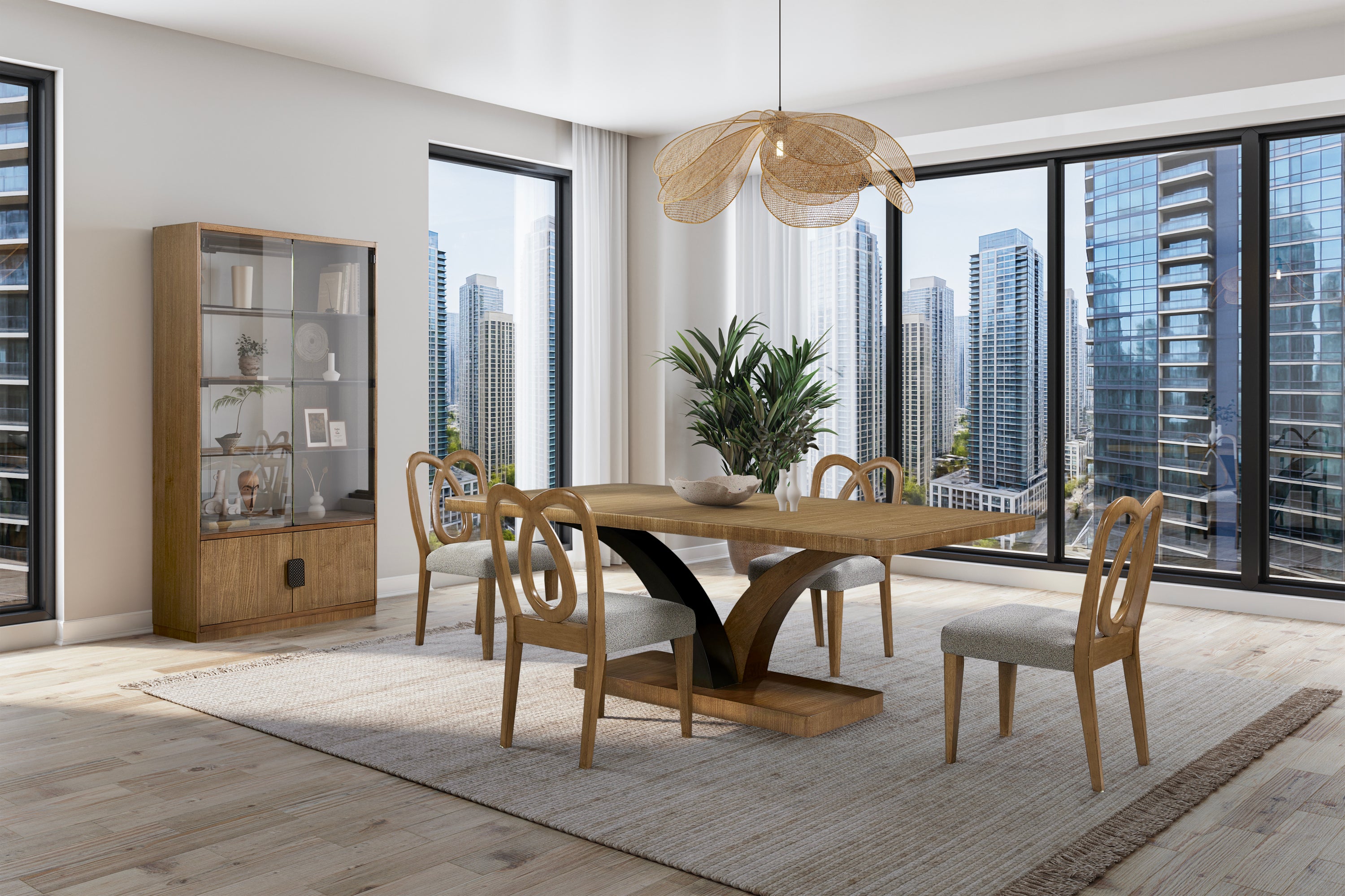 Modern dining room with eucalyptus display cabinet featuring glass doors and mirrored back, paired with wood dining set and city view.