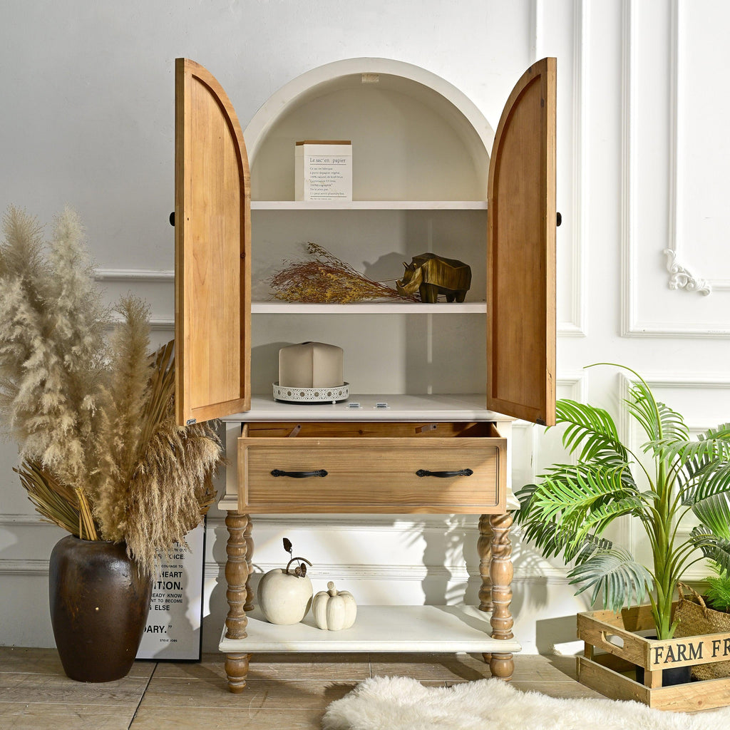 Arched Flower Carved Door Cabinet - Elegant Wooden Sideboard.