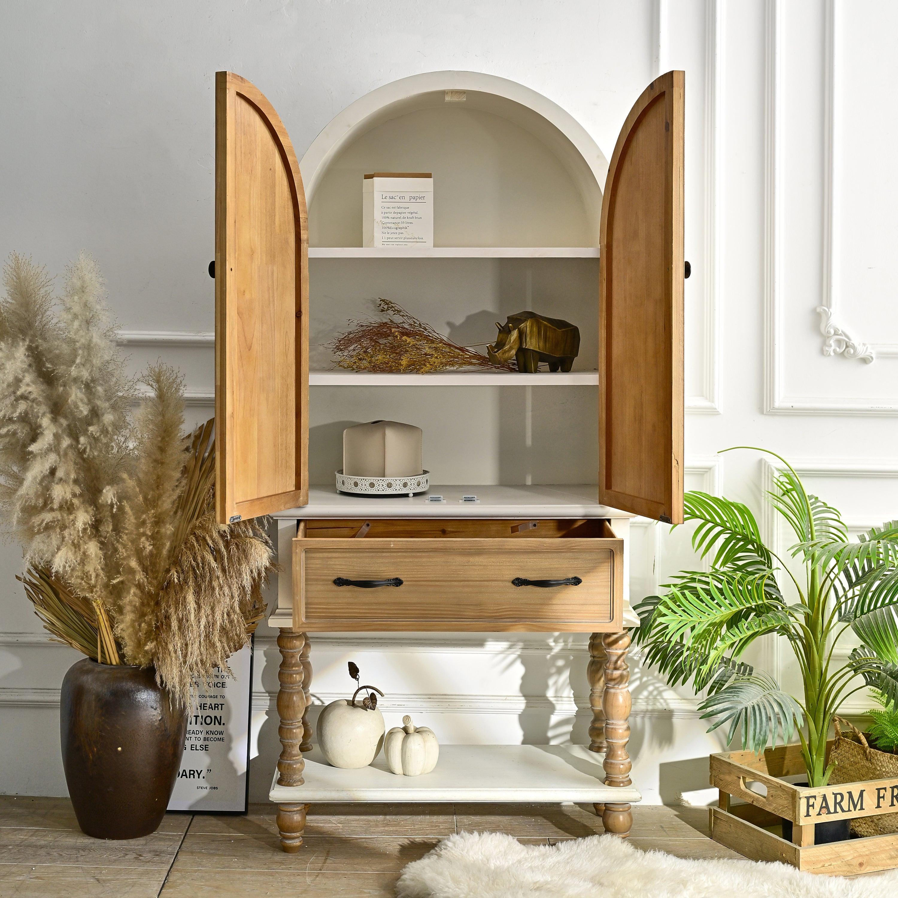 Arched Flower Carved Door Cabinet - Elegant Wooden Sideboard.