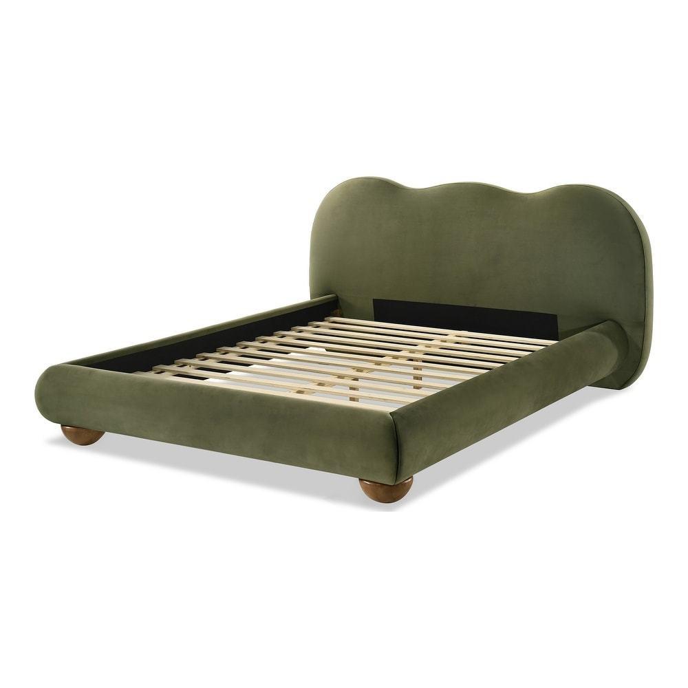 Olive Green Queen Size Bed with Boucle Upholstery.