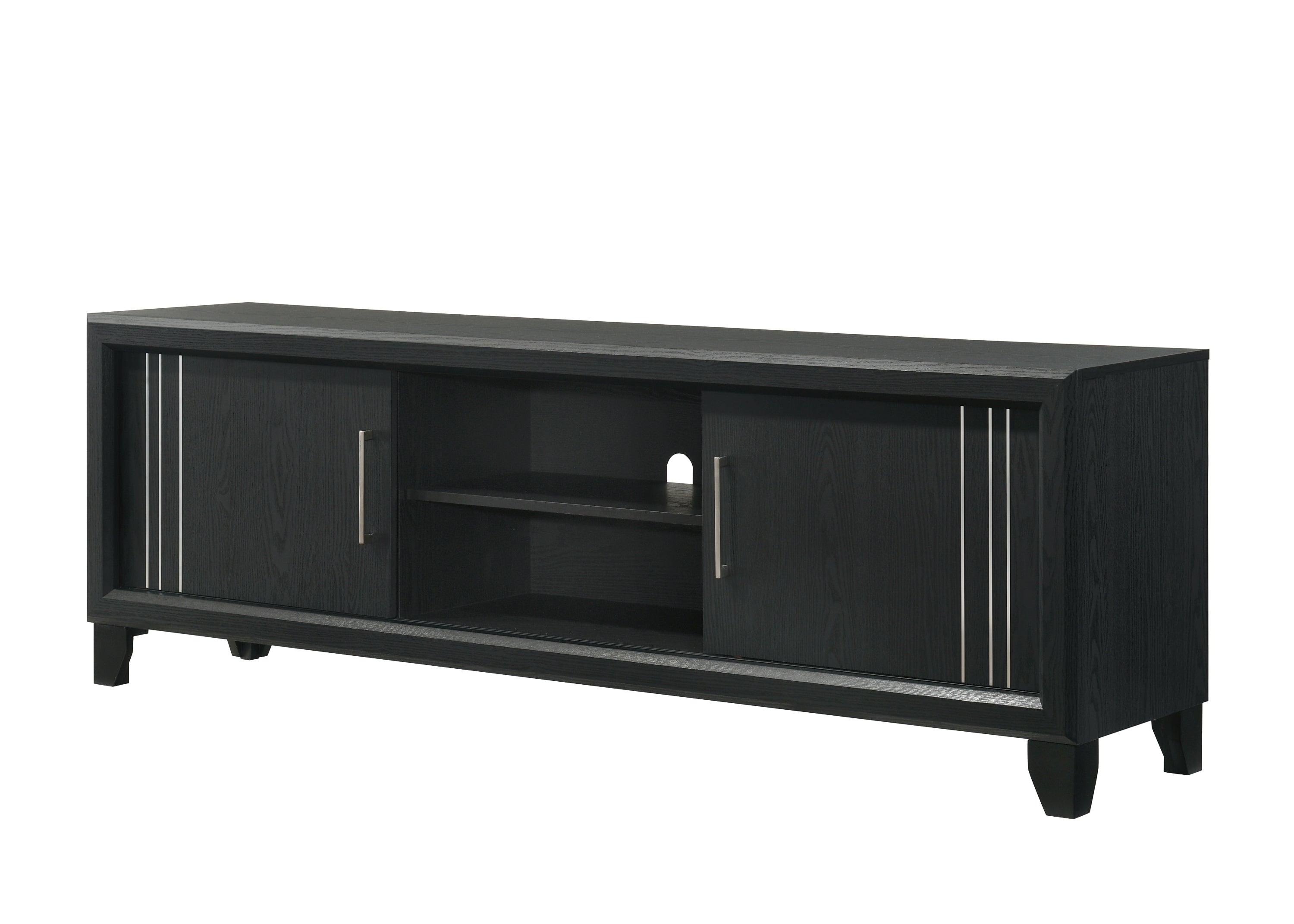 Angled view of contemporary charcoal TV stand with open shelves and dual storage cabinets, ideal for modern entertainment setups.