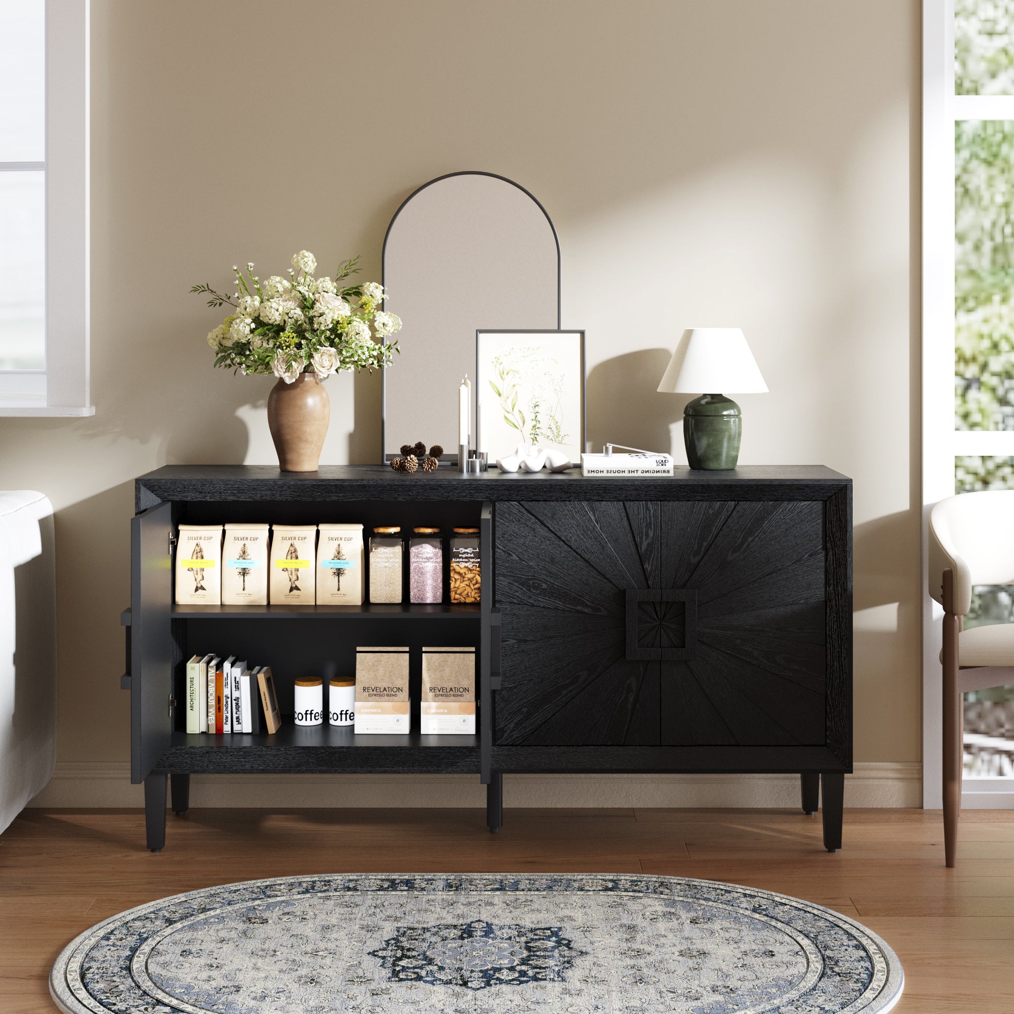 Black Farmhouse Credenza with one door open, revealing adjustable shelves and ample storage for pantry or media essentials.