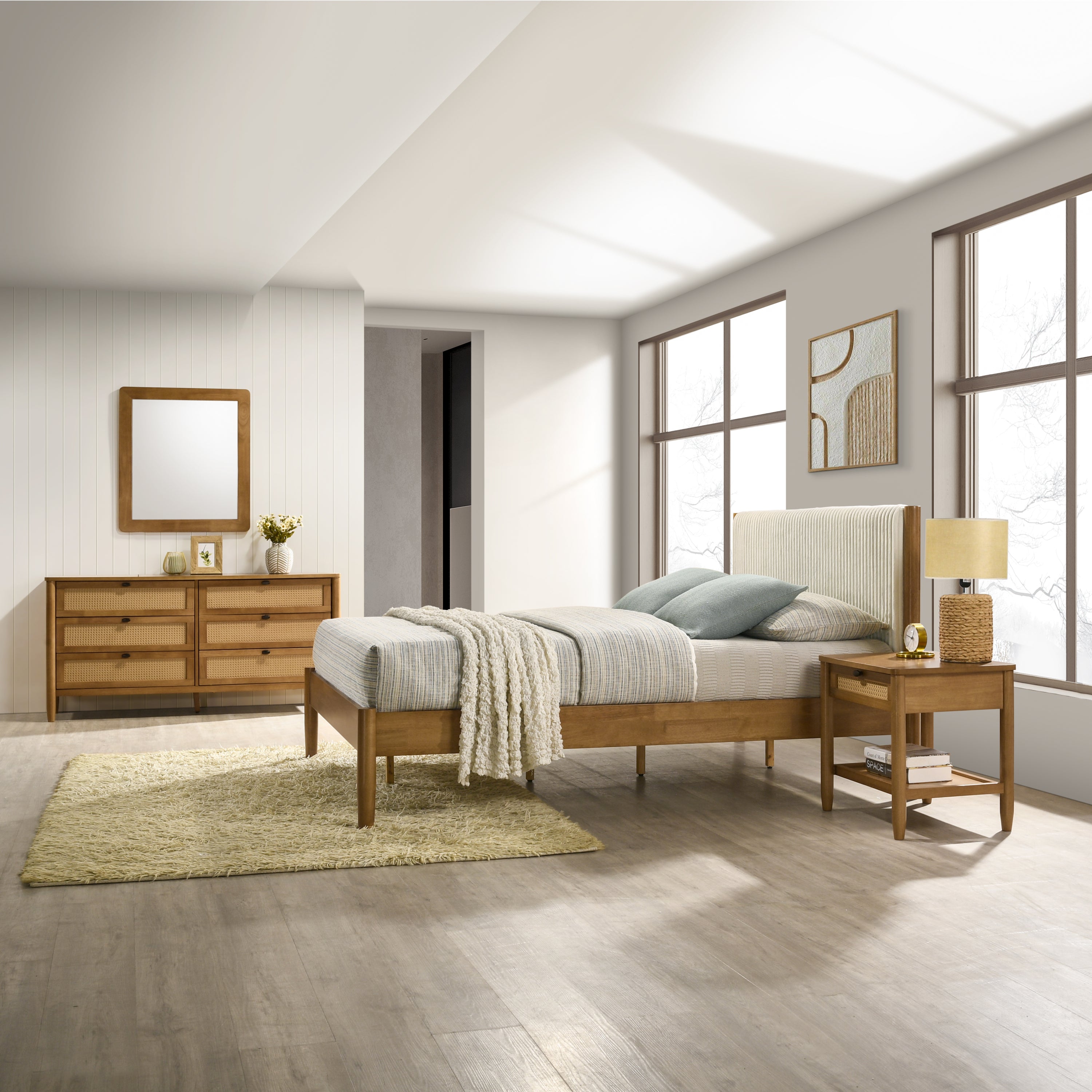 Vichy 4-Piece Walnut Rubberwood Queen Bedroom Set with Corduroy Bed