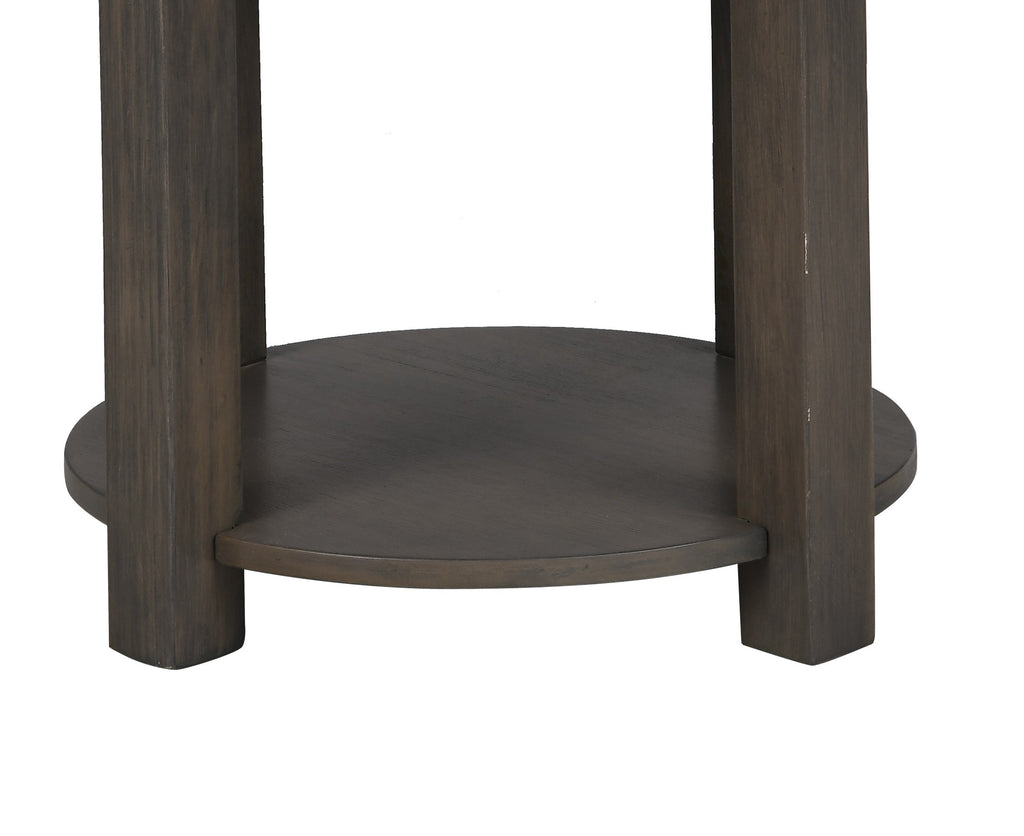 Detail of the lower shelf on the 20-inch MDF end table, offering extra storage in a compact, stylish design.