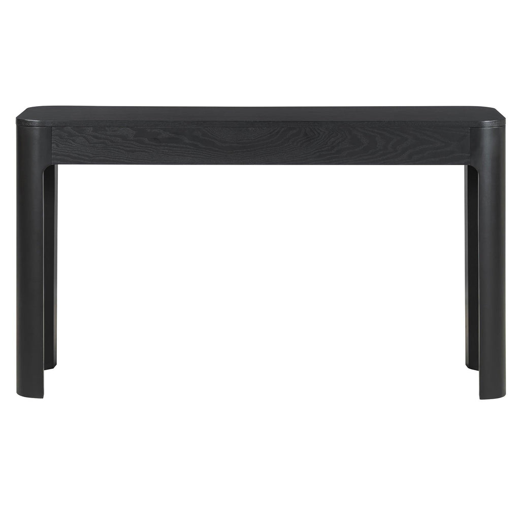 Front view of TREXM rustic console table in black with three drawers and smooth curved edges, perfect for modern farmhouse decor.