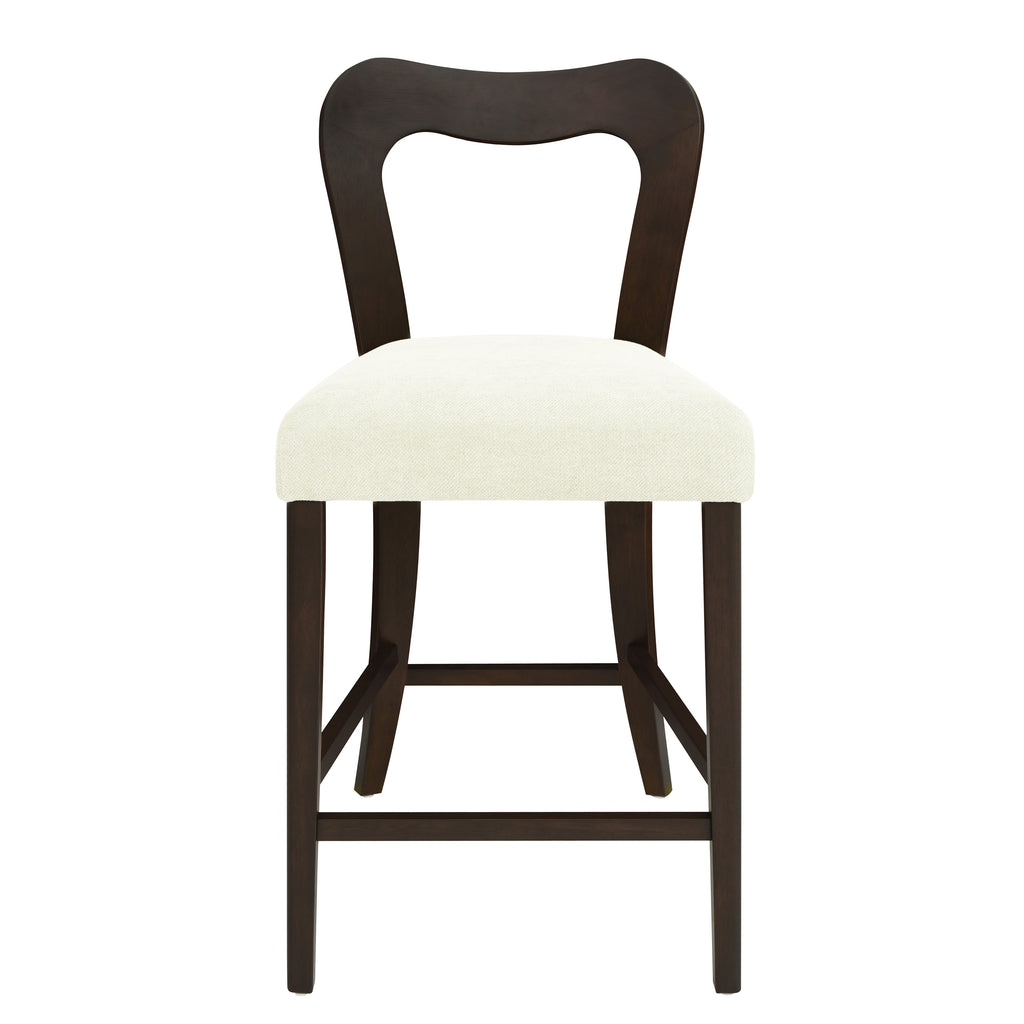 Front view of Counter Stool Set of 2 - Dark Brown + Beige with padded beige seat and contoured backrest for comfort.